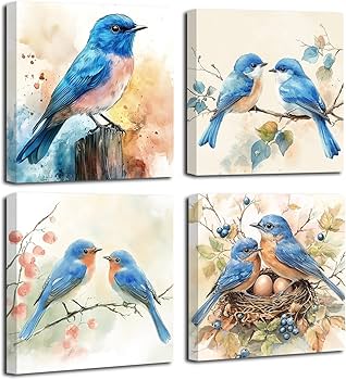 Amazon.co.jp: SWQYLB鳥キャンバスウォールアート鳥の絵4ピース木の枝