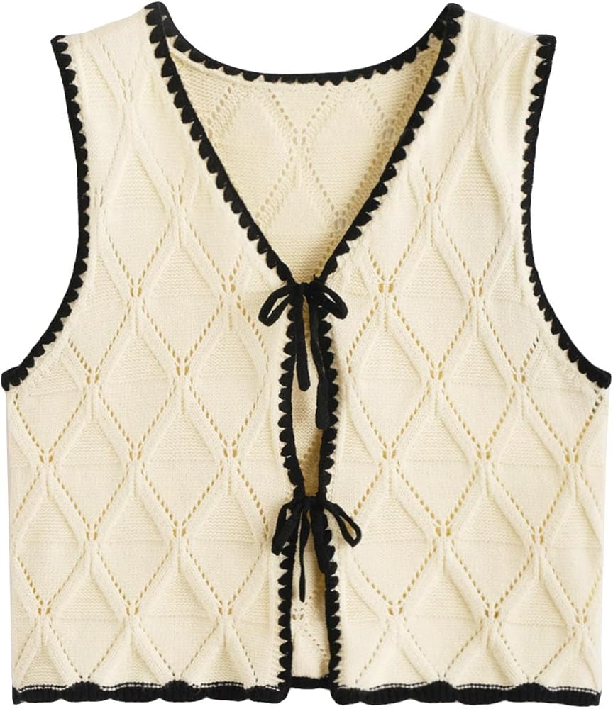Verdusa Women's Old Money Bow Tie Crochet Sweater Vest Contrast