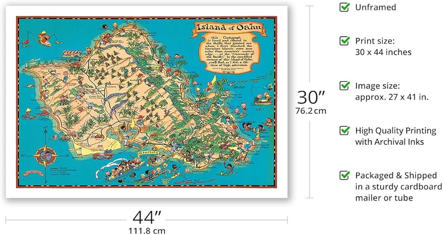 Amazon.co.jp: ハワイ - オアフ島地図 - ビンテージなハワイアンカラー