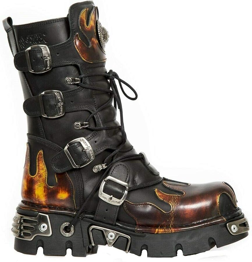 Amazon.com | New Rock 591-S1 Red Flame Boots Metal Black Leather