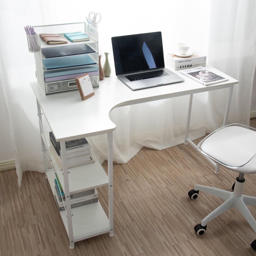 Amazon | 【ホワイト】広いスペース パソコンデスク L字 120cm 2段