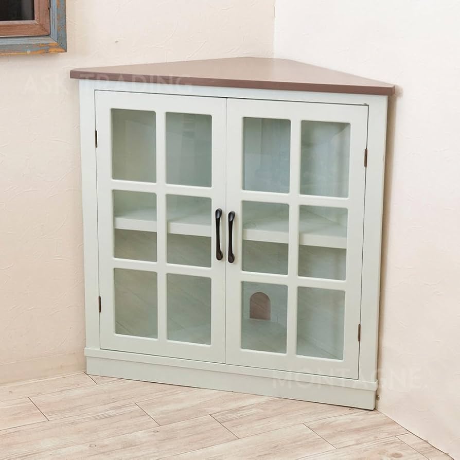 Amazon｜コーナーキャビネット 完成品 組立不要 ガラス扉 三角 木製 扉