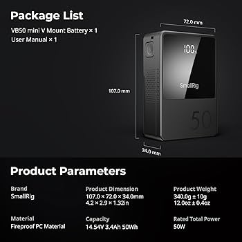Amazon.com: SMALLRIG V Mount Battery VB50, 50Wh / 3400mAh V Mount