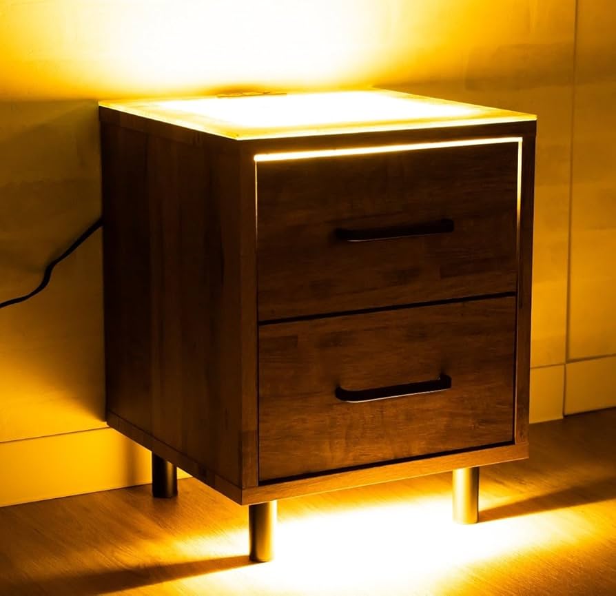 Amazon.co.jp: LEDライト付き ナイトテーブル コンセント付き 引き出し