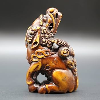 Amazon.co.jp: 獅子根付広之作腰提印籠彫刻時代物提げ物置物在銘古い古