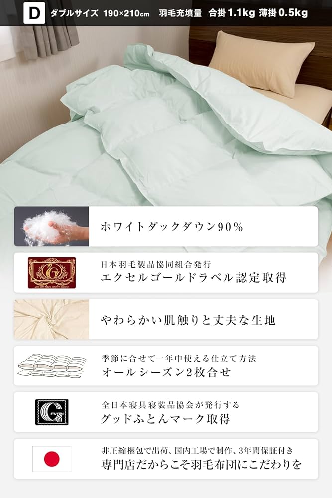 Amazon｜安眠工場 上質羽毛布団 2枚合せ(デュエット) ダブル【合掛1.1