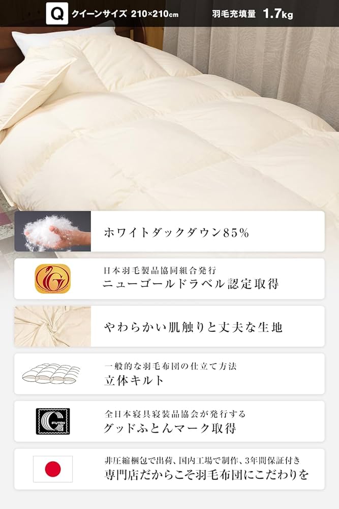 Amazon｜安眠工場 羽毛布団 クイーン【羽毛量1.7kg】 日羽協ニュー