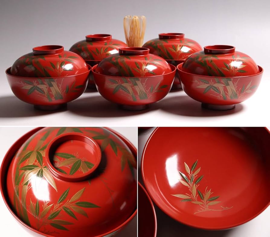 Amazon.co.jp: CG34輪島塗時代木製漆器竹笹蒔絵朱塗御吸物椀五客伝統