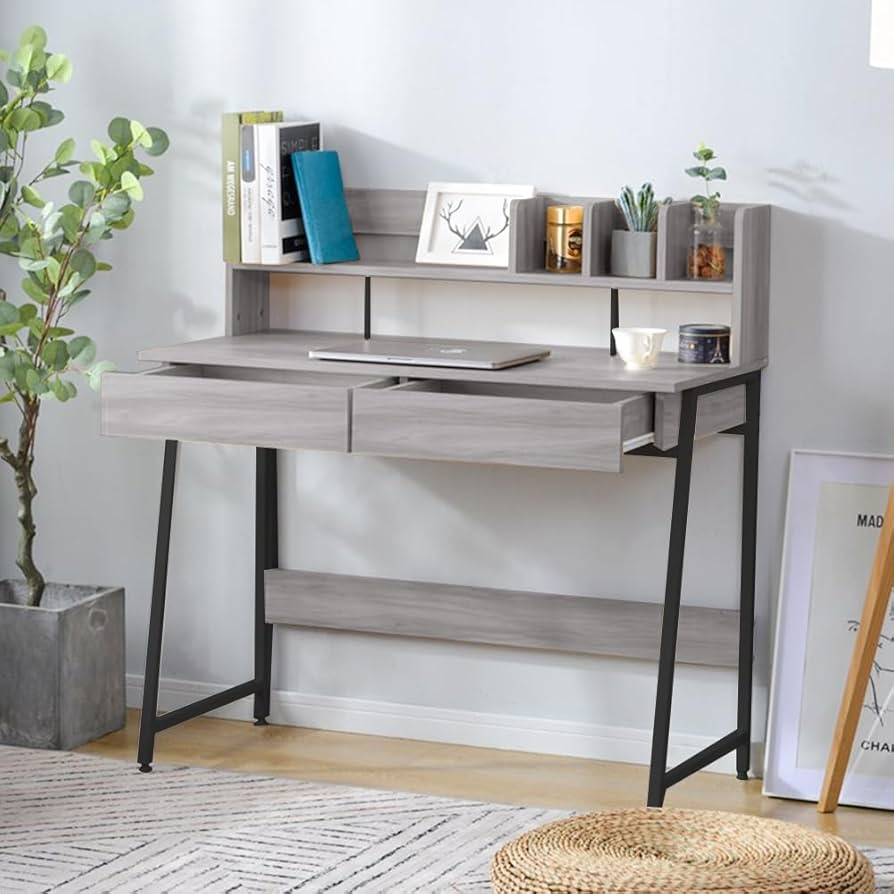 Amazon | グレー パソコンデスク 引き出し付き 収納台 ミシン台 学習机