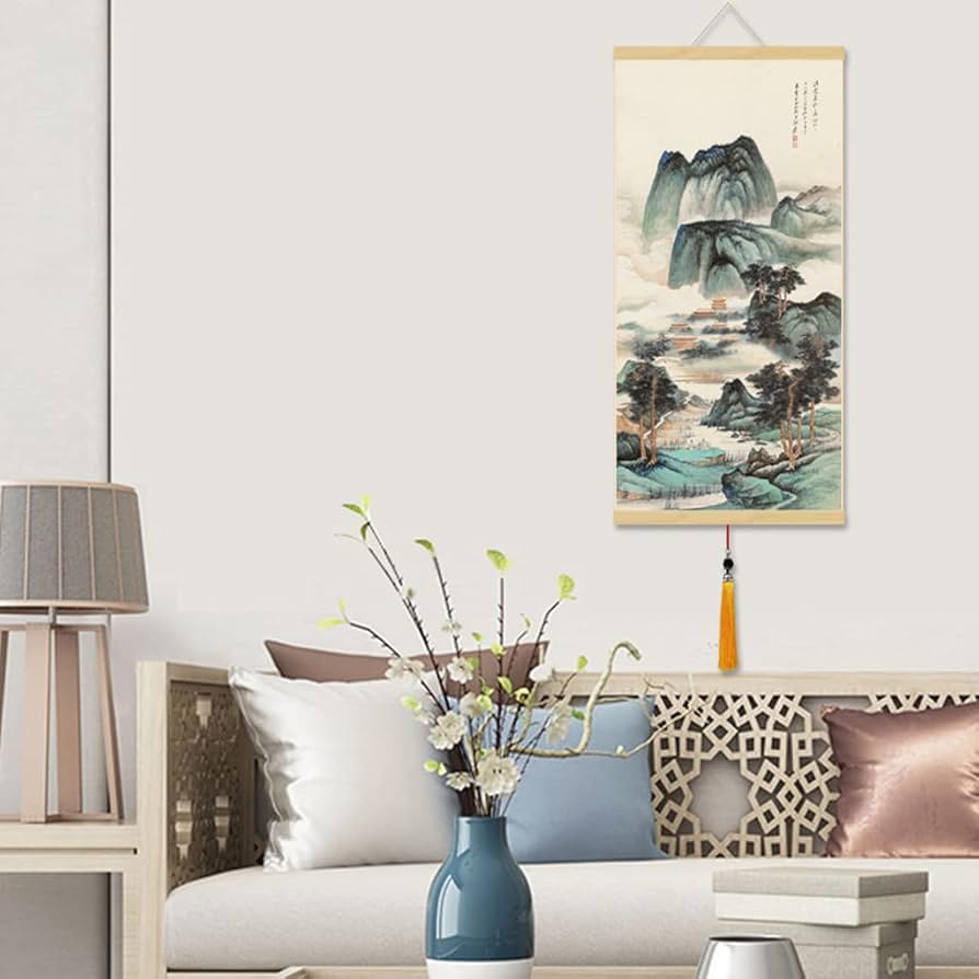 水墨画 掛軸 湖光山色 謝光力画 中国 絵画 山水 張大千大風堂 カラー