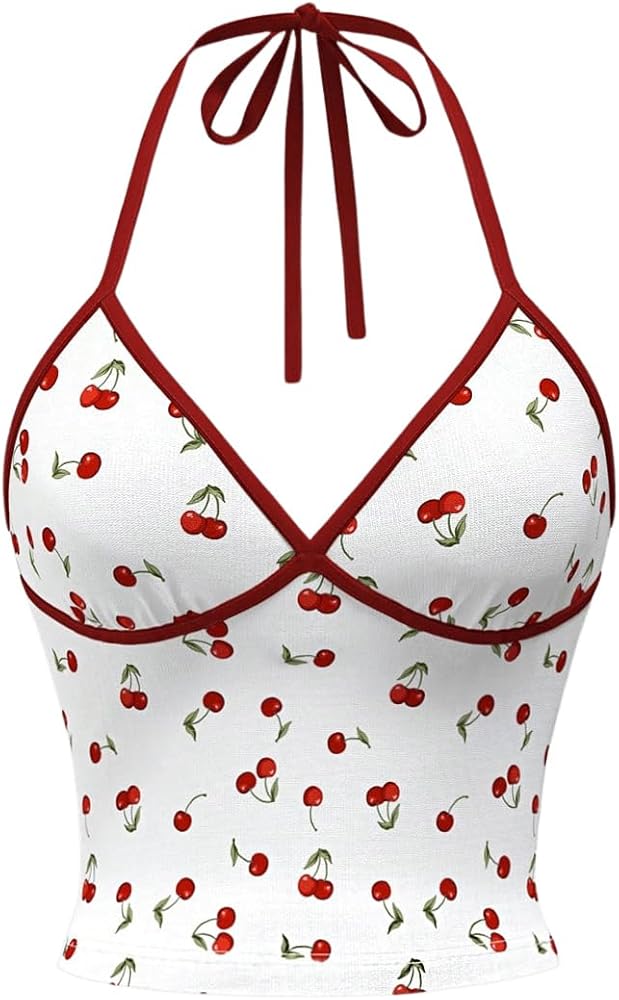 RoseSeek Women's Cherry Print Halter Camisole Tops Backless Slim