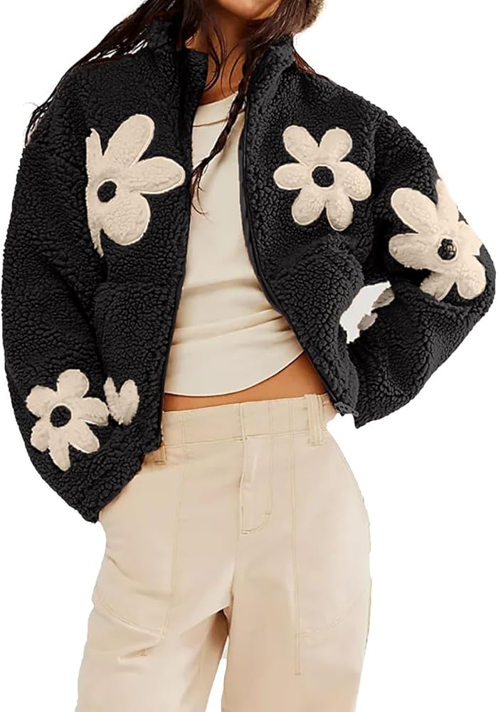 chouyatou Women's Fuzzy Fleece Cute Floral Jacket Zip Up Winter