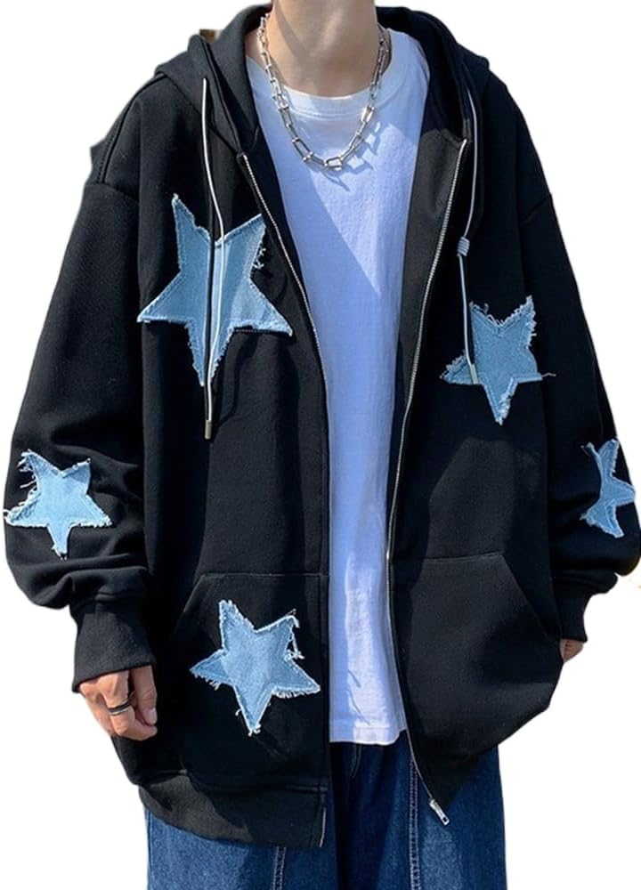 CEINOM Men's Star Patch Zip Up Hoodie for Men Women Graphic