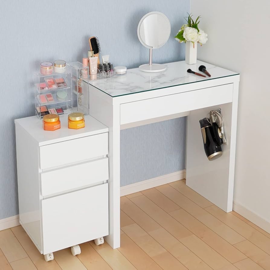 Amazon｜ドレッサーデスク 幅75cm ワゴンセット Alice 鏡面仕上げ