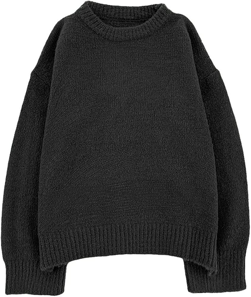 XIBAOBAO Women's Oversized Black Mohair Sweater Crewneck Fuzzy