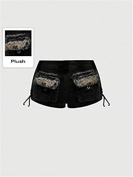 WDIRARA Women's Fuzzy Low Rise Denim Shorts Lace Up Vintage Mini