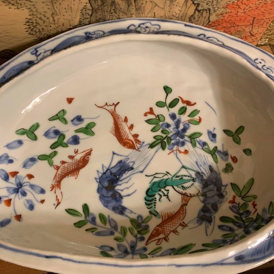 Amazon.co.jp: 北大路魯山人☆染付色絵魚藻文鮑形鉢 写☆共箱☆陶器