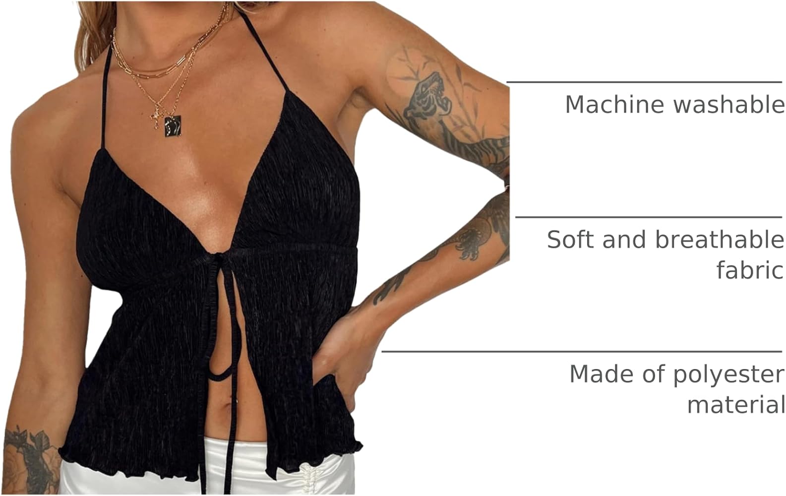 Women Y2K Backless Crop Top Deep V Neck Spaghetti Strap Tie Front