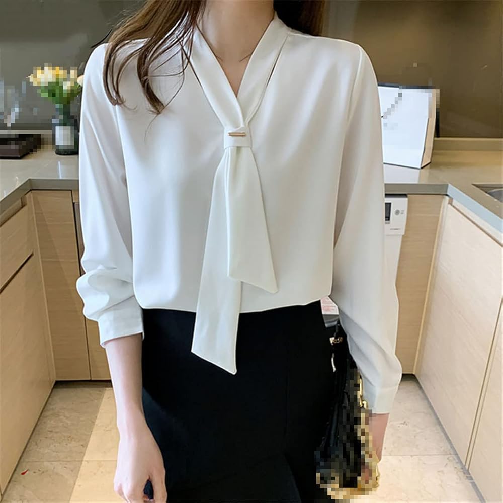 Women Office Long Sleeve Shirts Chiffon Tops V Neck Loose Clothes