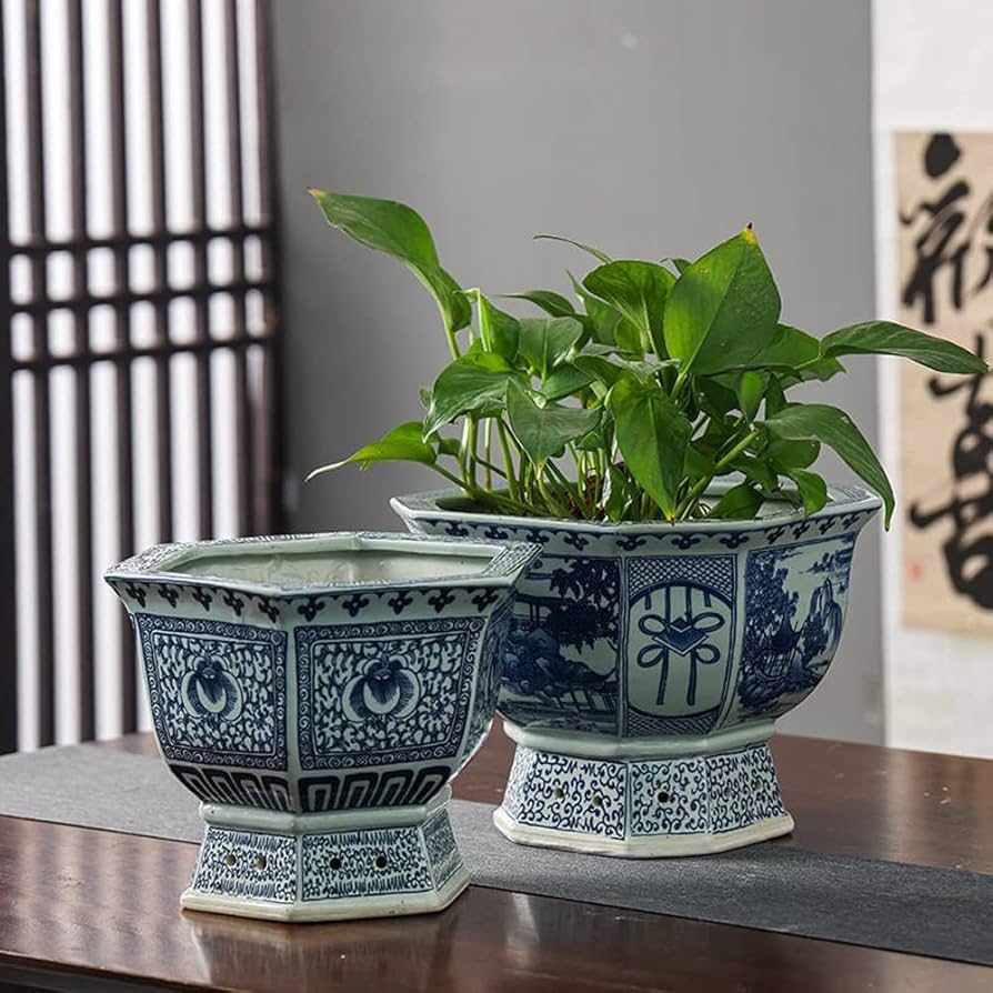 Amazon.co.jp: 青と白の六角形の磁器植木鉢 シノワズリ 景徳鎮 ホーム