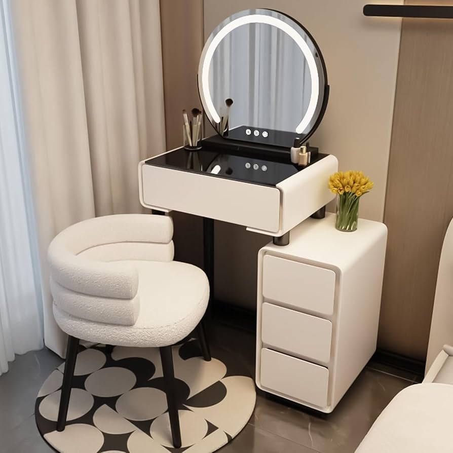 Amazon｜ドレッサーテーブル 白/ベージュ 強化ガラス天板 鏡台 大容量