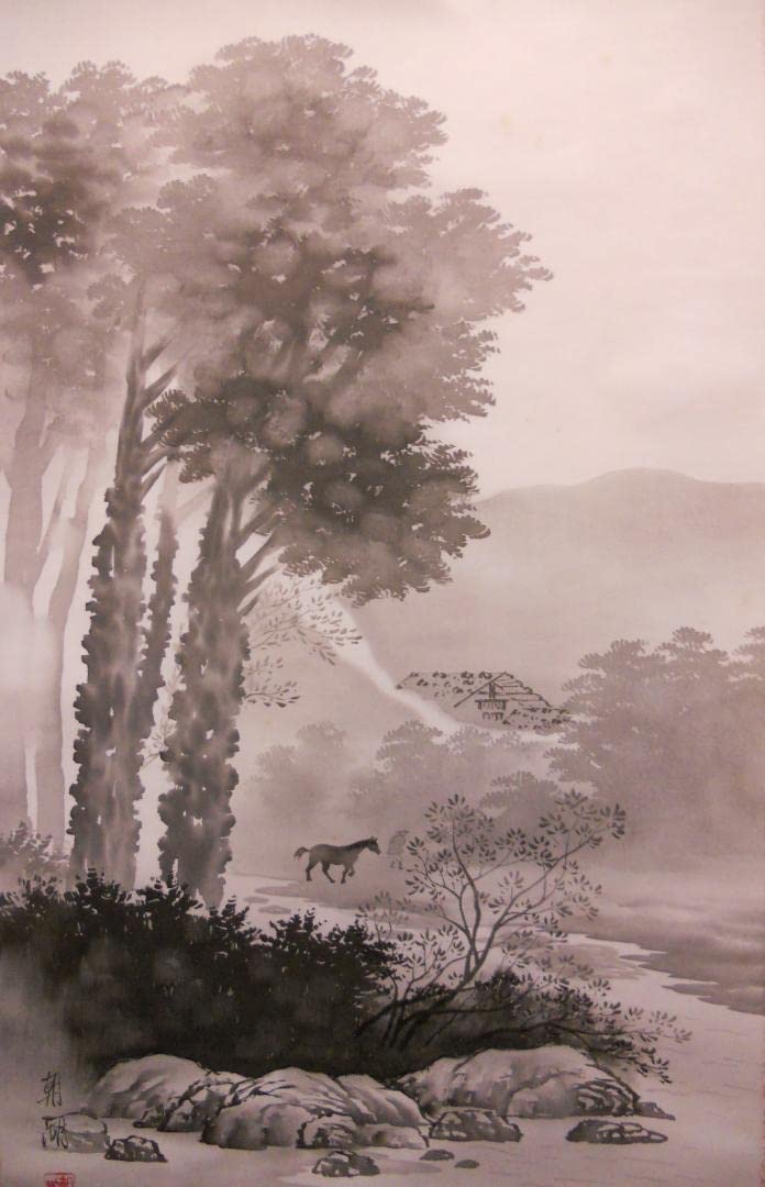 掛け軸 朝湖 渓畔晩涼 水墨画 絹本 希少 軸装 茶道具 掛軸 美品 です。