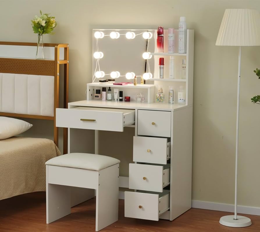 Amazon｜ドレッサー化粧台 テーブル 鏡台 LEDライト付き スツール付き