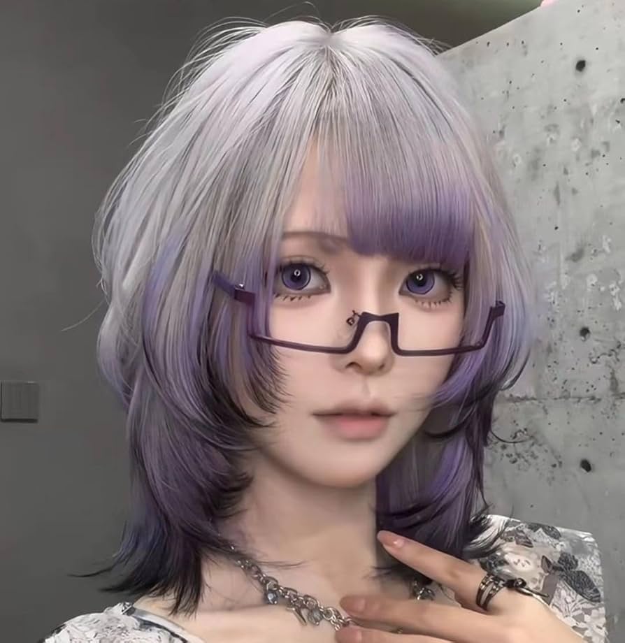 Amazon.co.jp: ウィッグ ウルフカット セミロング ストレート 紫 灰