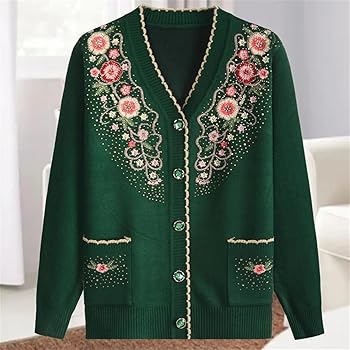 Women's V-Neck Embroidery Cardigan Sweater with Pockets Casual