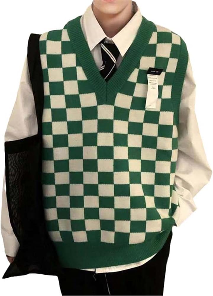 USTZFTBCL Autumn Checkerboard Pattern Men's Sweater Vest Retro V