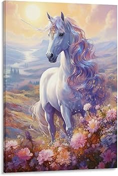 Amazon.co.jp: 絵画 花畑の白いユニコーンインテリア 絵画 馬 アート