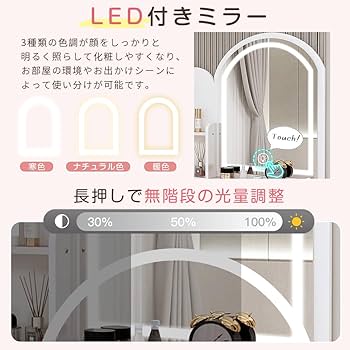 Amazon｜ドレッサー コンパクト 白 3色LED ライト 収納沢山 化粧台