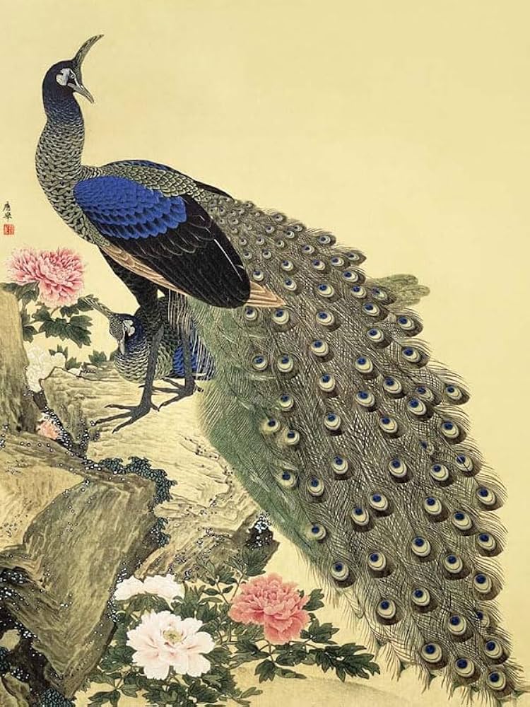 Amazon.co.jp: JHA 絵画 アート額絵 日本の名画 円山応挙「牡丹孔雀図