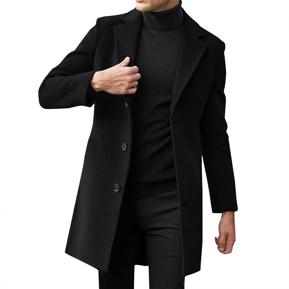 Mens Wool Blend Slim Fit Pea Coat Notched Collar Single Breasted