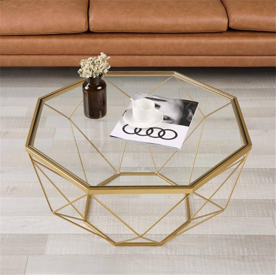 Amazon｜八角形の錬鉄製のコーヒーテーブル、透明な強化ガラス、家庭用