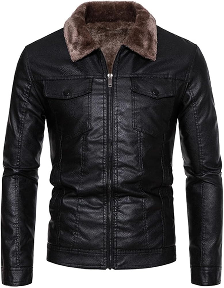 Men Leather Jacket Winter Coats Fleece Lined Sherpa Jackets Lapel
