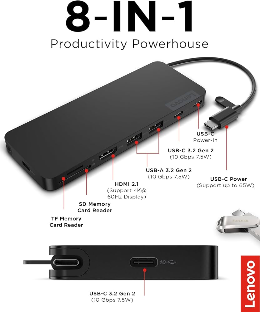 Amazon.com: Lenovo USB-C Slim Travel Dock, 8 Ports, Up to 65W PD