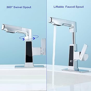 Zexzen Polished Chrome Bathroom Faucet,Pull-Out Sprayer, LED