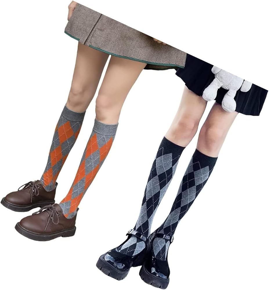 Amazon.co.jp: [Omenluck] ハイソックス アーガイルチェック柄 ロング