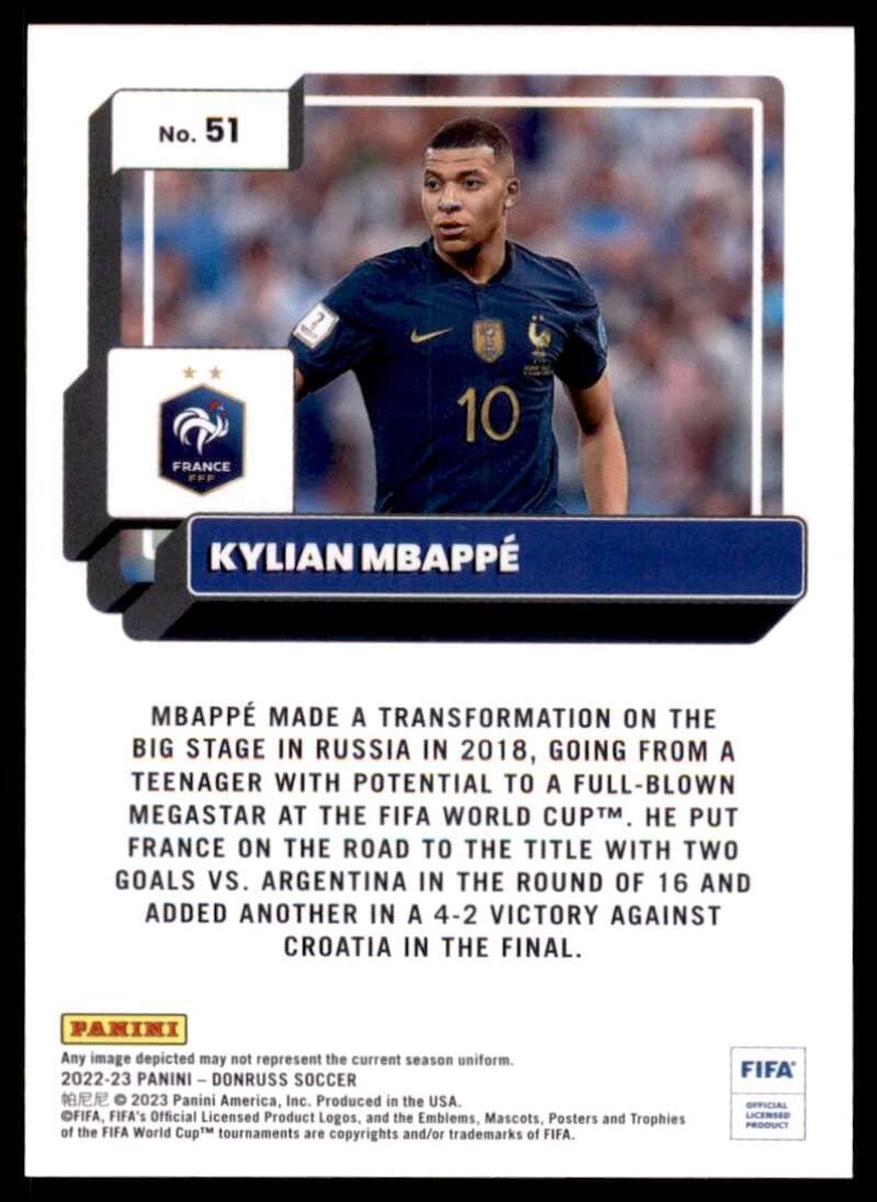 Amazon.com: 2022-23 Donruss FIFA #51 Kylian Mbappe France Soccer
