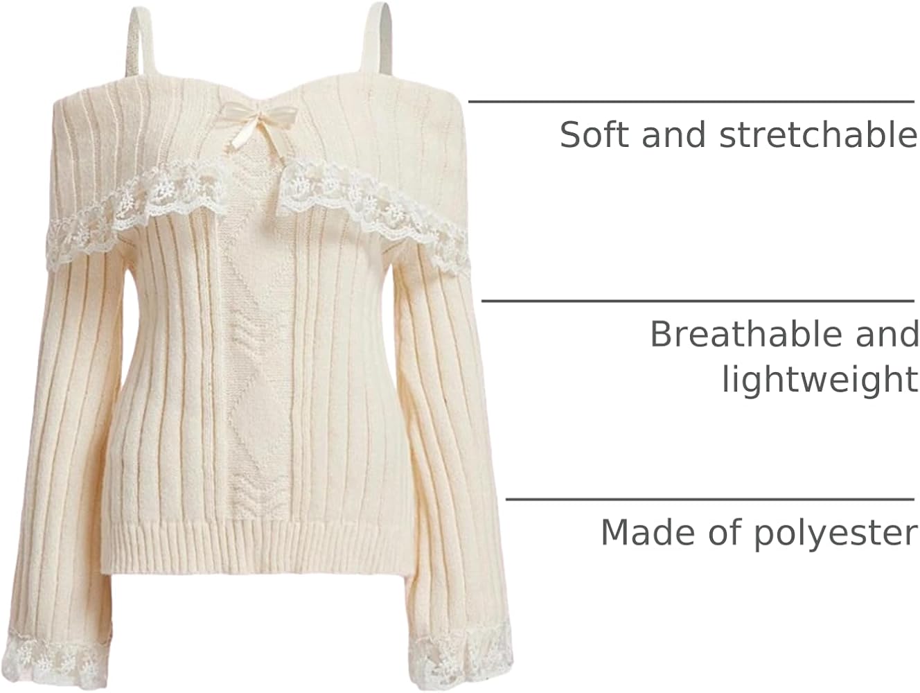 Women Y2K Off Shoulder Top Sweater Long Sleeve Lace Trim Knitted