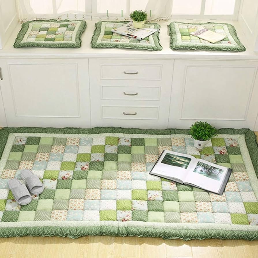 Amazon｜キルトラグ 綿 ラグマット グリーン パッチワーク柄