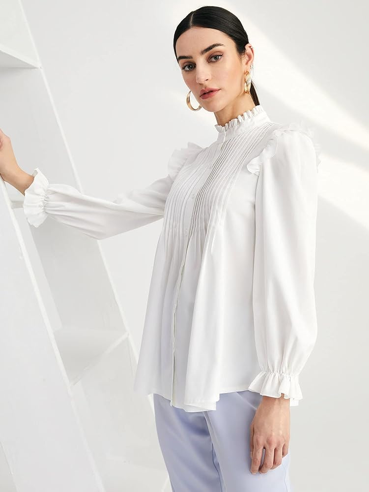 WDIRARA Women's Pleated Ruffle Trim Flounce Long Sleeve Mock Neck