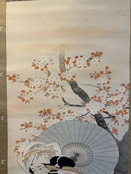 Amazon.co.jp: 模写上村松園「花見姿図」 古い掛け軸(掛軸) 肉筆 絹本