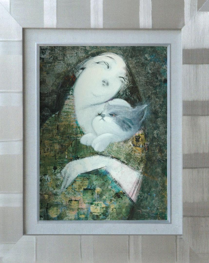 油絵 菅家令子 絵 絵画インテリア額付(青緑＋銀)F3-091918子猫犬 女子