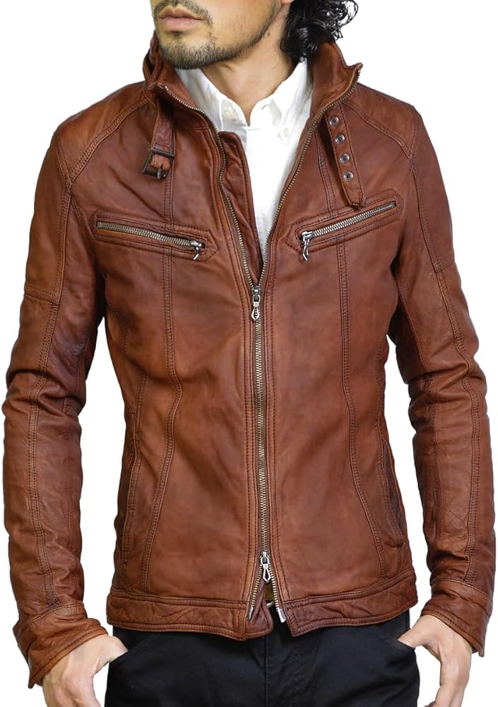 Amazon | [ハルフ] レザージャケット メンズ 本革 ラムレザー シングル