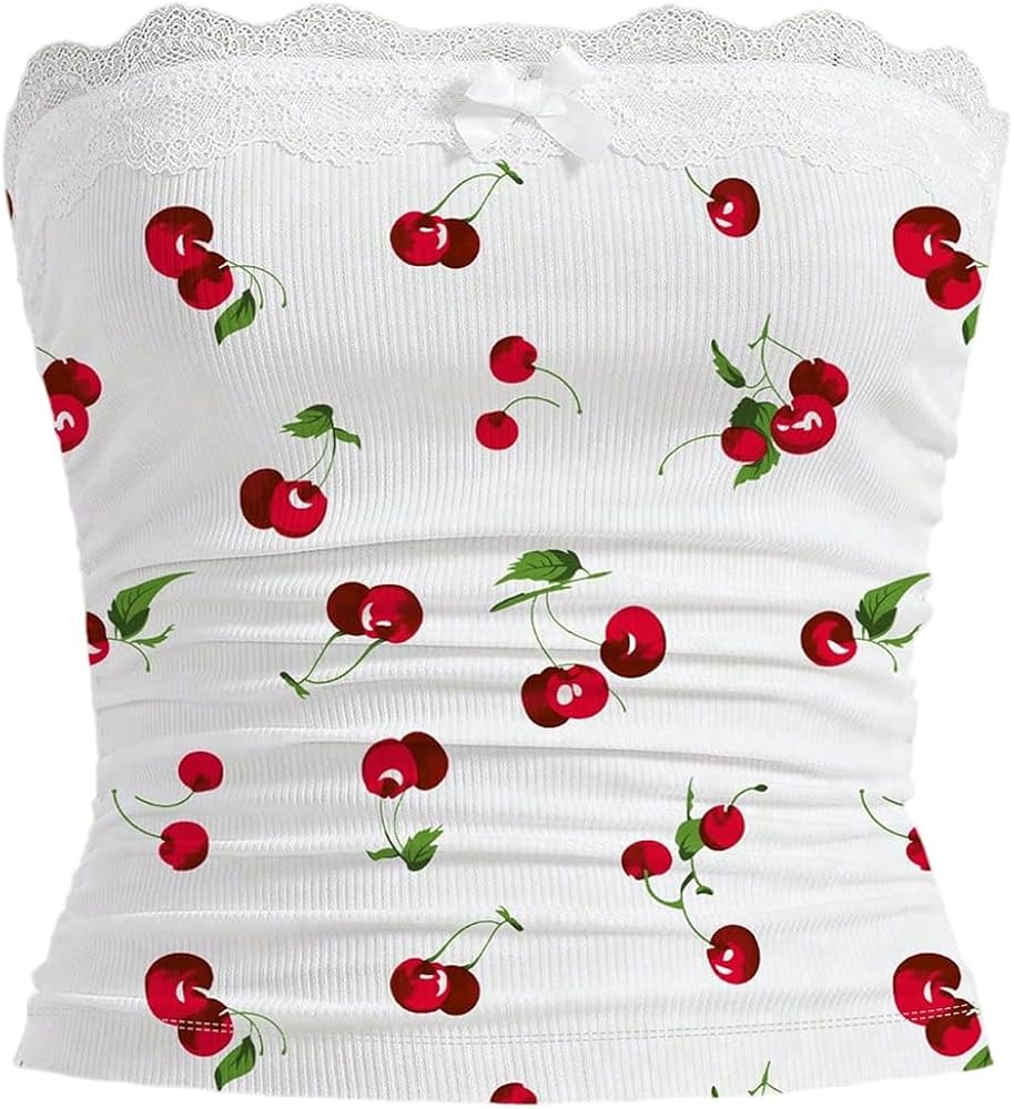WDIRARA Women's Plus Size Cherry Print Tube Tops Lace Trim Ruched