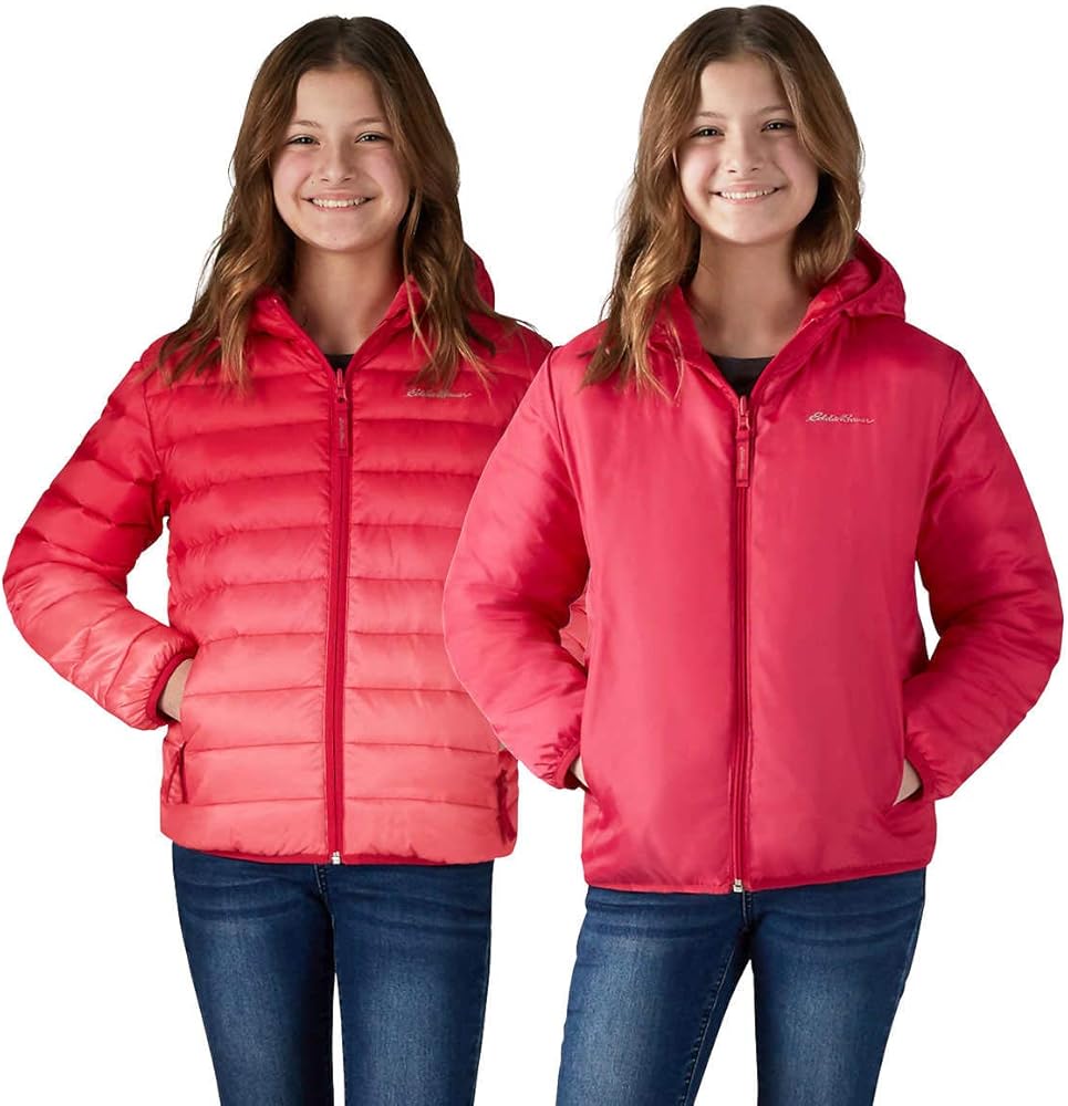 Eddie Bauer Girls Reversible Hooded Down Jacket (Pink Ombre/Red, X