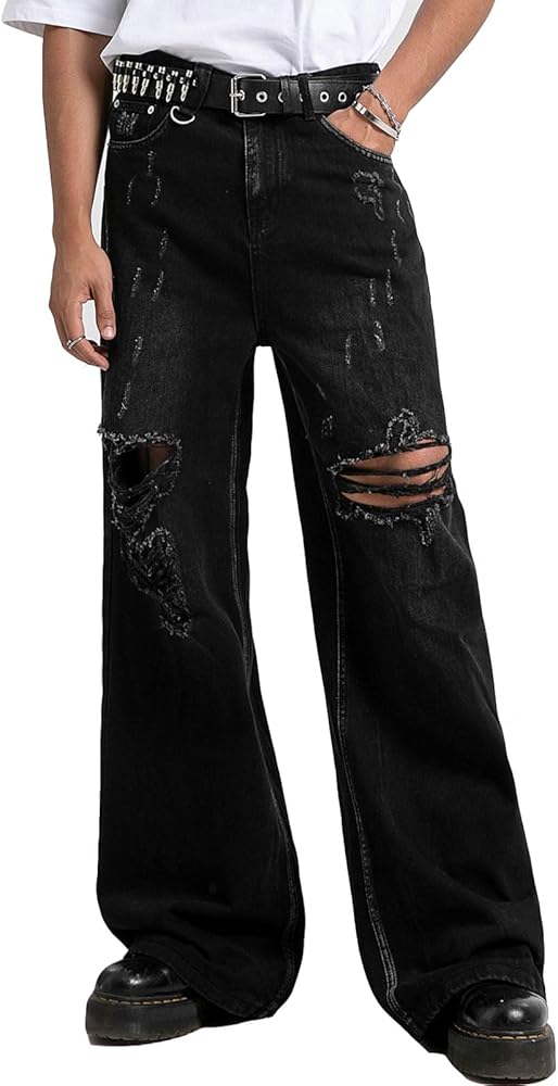 COOLMONAR Men's Baggy Jeans Ripped Black Wide Leg Distressed