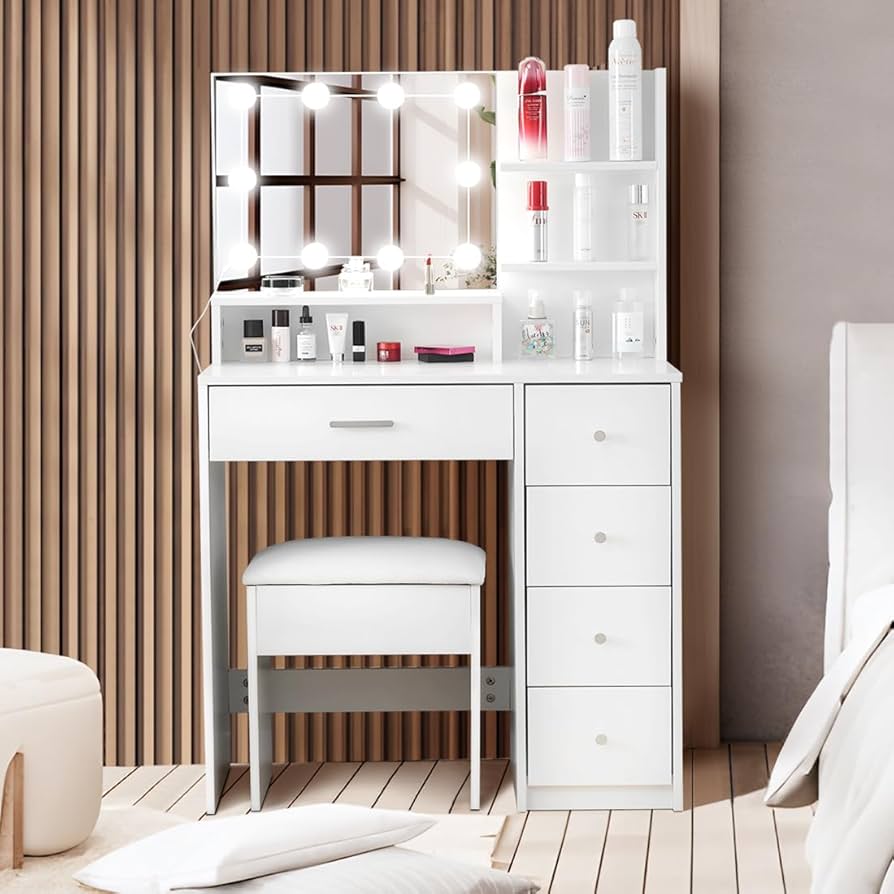 Amazon｜Jujwoooドレッサー化粧台 テーブル 鏡台 LEDライト付き